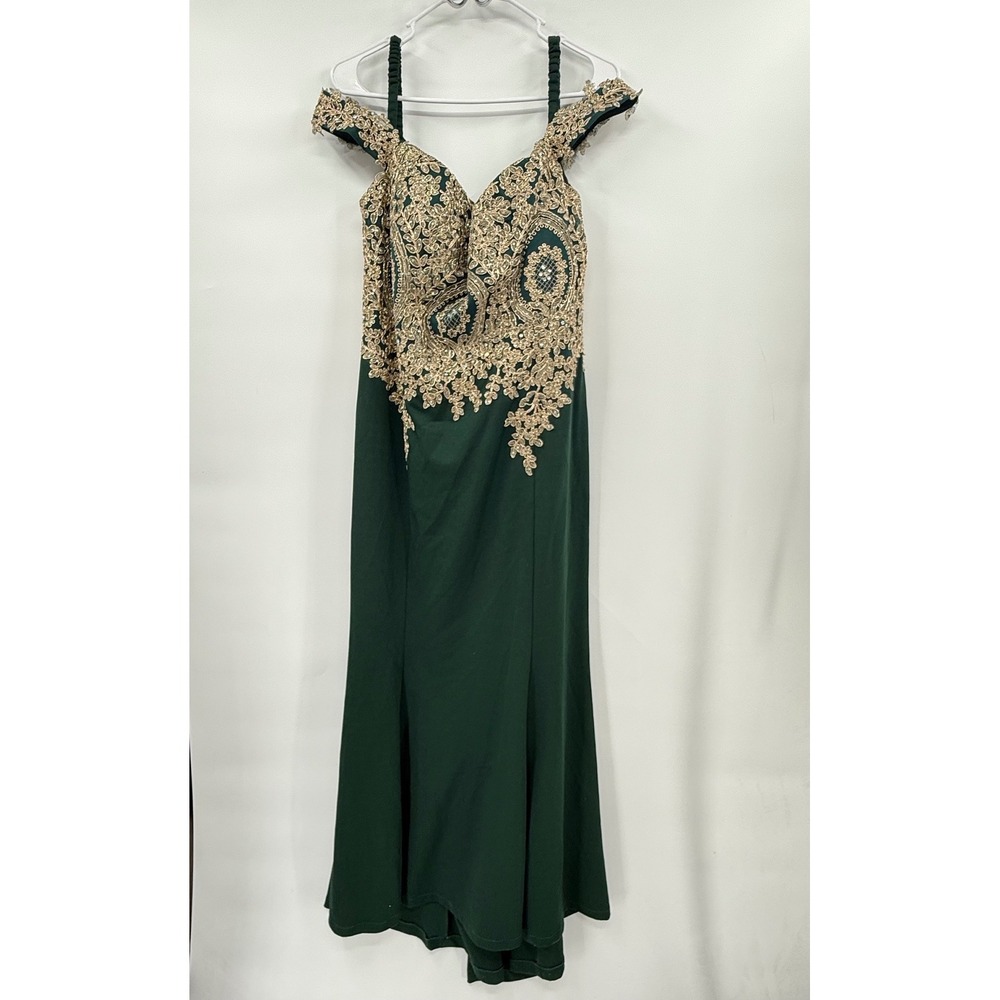 EVA USA 3XL Evening Gown Women Green Gold Lace Embroidered Cold Shoulder Dress